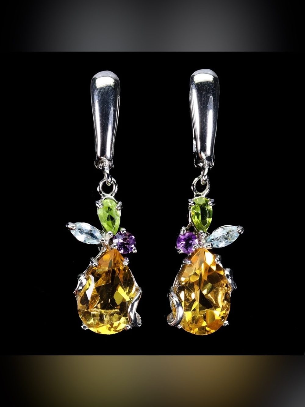 Natural Citrine Topaz Amethyst & Peridot 925 Sterling Silver Dangle Earrings